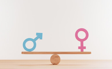 Blue man sign and pink woman sign on balance wooden seesaws for equal business human right and...