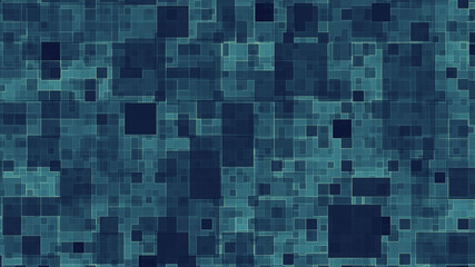 Computer generated image of square shapes of blue tones expanding in space