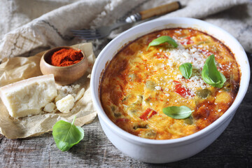 Tricolor bell pepper clafoutis (or gratin) with Parmesan  cheese in ceramic bakeware