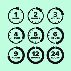Clock and time. Watch and hours. Set of vector clock icons with time indication. Timer, time period. Elapsed time in hours.