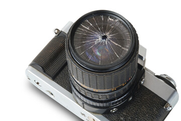 Bbroken lens on the old vintage film camera body, closeup