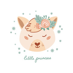 Cute poster with face wild fox and flowers in flat style for kids. Lettering Little princess. Illustration with animal in pastel colors. Print for children clothing and textiles. Vector
