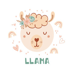 Cute poster with face wild lama and flowers in flat style for kids. Lettering Llama. Illustration with animal in pastel colors. Print for children clothing and textiles. Vector