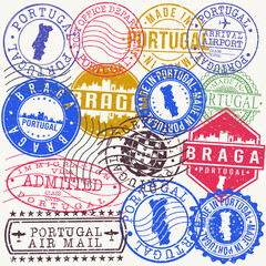 Braga, Portugal Set of Stamps. Travel Stamp. Made In Product. Design Seals Old Style Insignia.