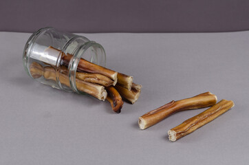 Pet treats in a glass jar on a gray background. Dried bully sticks for dogs. Beef pizzle.
