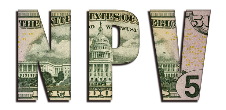 NPV Net Present Value Abbreviation Word 50 US Real Dollar Bill Banknote Money Texture on White Background