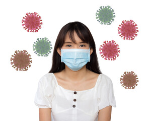 asian woman wear white surgical mask on white background with corona virus graphics