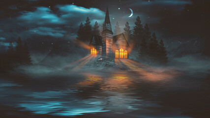 Night fantasy landscape with abstract mountains and island on the water, wooden house on the shore, church, moonlight, fog, night lamp. 3D 