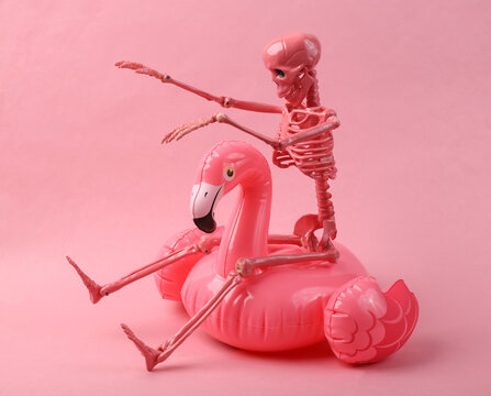 Skeleton with pink inflatable flamingo on pink background. Halloween party concept