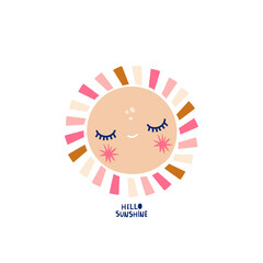 Cartoon sun character with hand drawn lettering isolated on white. Great for poster, card, apparel print, decor. Vector illustration