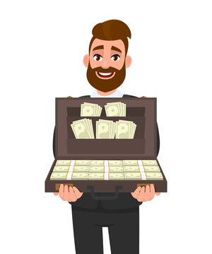 Trendy young businessman showing briefcase full of cash. Stylish hipster person carrying money or currency notes in bag. Business, finance and modern lifestyle concept illustration in vector cartoon.