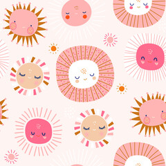 Seamless patterns with funny sun characters. Childish pink background. Perfect for fabric, textile, wallpaper. Vector illustration