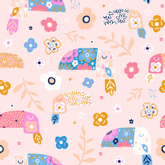 Childish seamless pattern with cute floral toucans. Summer creative texture for textile, wallpaper,apparel, digital papers.