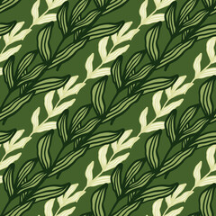 Creative forest branch with leaves seamless pattern on green background.