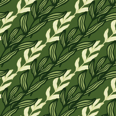 Creative forest branch with leaves seamless pattern on green background.