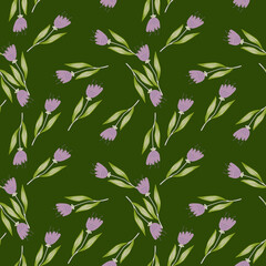Decorative wildflower seamless pattern on green background. Elegant botanical design.