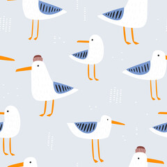 Materiał do szycia Seamless seagulls pattern. Creative marine summer background. Vector illustration