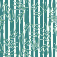 Decorative tropical leaves semless pattern on stripe background. Exotic hawaiian wallpaper.