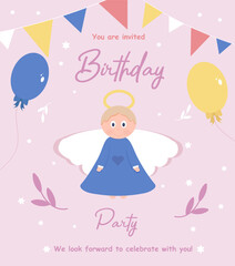 Baby Birthday party invitation card template with a beautiful angel.