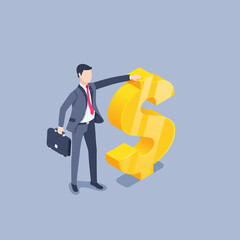 isometric vector illustration on a gray background, a man in a business suit with a briefcase stands near a big golden dollar sign, wealth and success