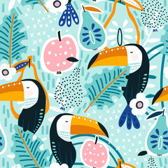 Seamless summer pattern with jungle bird, flower, fruits, leaves. Tropical toucan texture.Vector illustration