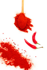 Hot red pepper, spoon, chili powder, pepper sauce, on a white background, selective focus, no people, vertical, 