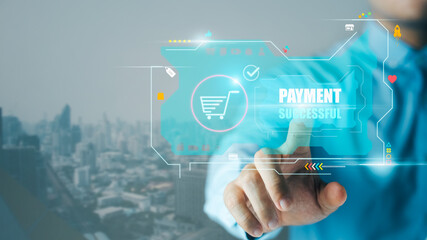 The idea of transferring money through banking and e-commerce, men pay and buy things with apps on smartphones, pay cell phones with technology app wallet.