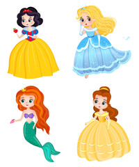 cartoon characters snow white, cinderella, the little mermaid ariel and belle isolated on white background. beautiful fairy princesses in elegant dresses  - obrazy, fototapety, plakaty