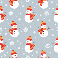 Christmas seamless pattern with cute snowman and snowflakes. Modern vector cartoon illustration. Cozy winter design for fabric, wrapping paper, scrapbooking, textile