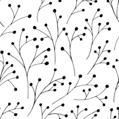 Decorative nature floral seamless pattern. Hand-drawn, Black and white twigs of plants. Doodle, vector design elements.