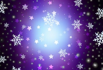 Dark Pink, Blue vector background with beautiful snowflakes, stars.