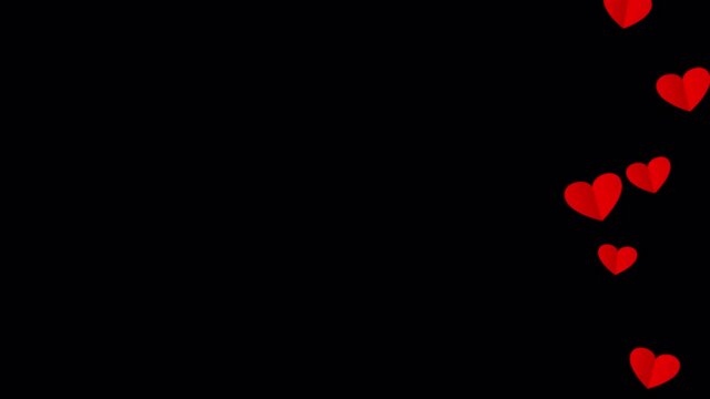 Right red Hearts float up motion for Valentine's day Greeting love video. 4K Romantic looped animation on black background with blank copy space for Romantic background, St. Valentines Day, Mother's d