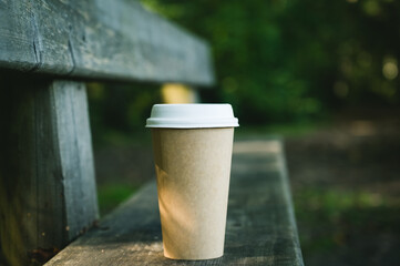 Obraz na płótnie Canvas Small cardboard blank takeaway coffee cup on bench in forest. Walking with hot drink.