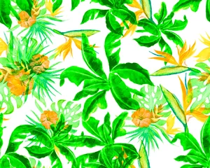 Fotobehang Greenery Monstera Painting. Natural Banana Leaf Backdrop. Green Seamless Decor. Organic Pattern Painting. Watercolor Design. Tropical Palm. Isolated Jungle. © Nima