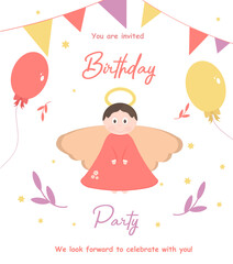 Baby Birthday party invitation card template with a beautiful angel.
