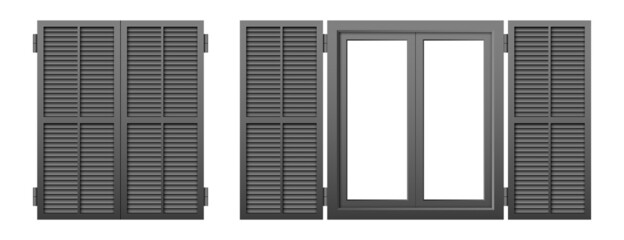 Set of window shutters isolated on a white background. Vector illustration of closed and opened gray window shutter.