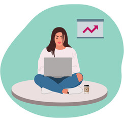 Working woman with a laptop with a coffee. Vector illustration.