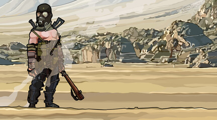 cartoon man in gas mask apocalypse survivor with wasteland background - obrazy, fototapety, plakaty