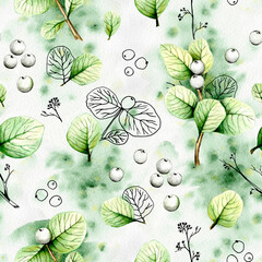 Beautiful autumn tree branches, leaves and berries. Unusual autumn, watercolor and black pen, handmade, pattern