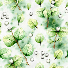 Beautiful autumn tree branches, leaves and berries. Unusual autumn, watercolor and black pen, handmade, pattern