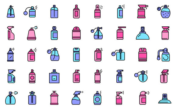 Spray bottle icons set. Outline set of spray bottle vector icons thin line color flat isolated on white