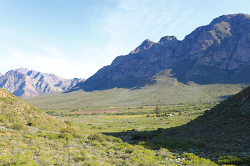 A beautiful view across a valley towards mountains