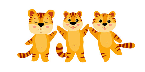 Cute tiger cub Symbol of the new year. Year of the tiger. Ginger tabby kitten. Vector illustration isolated on white background.