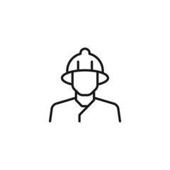 Editable stroke. Vector line icon of faceless fireman in helmet
