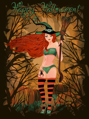 Happy halloween card with red hair sexy witch and pumpkin, vector illustration