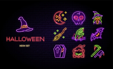 Halloween neon icons vector set. Happy halloween glowing light line signs isolated on dark brick wall background. Halloween typographic led design. © dhtgstockphoto