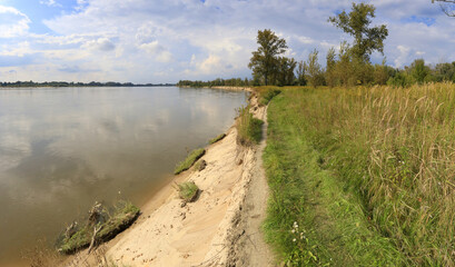 Tourist trail on the bank of the Vistula River being destroyed by erosion, south of Warsaw, Mazovia, Poland - obrazy, fototapety, plakaty