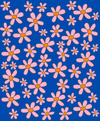 Pink flowers with orange center traced in black line in various sizes and distributed in random order on a blue background.