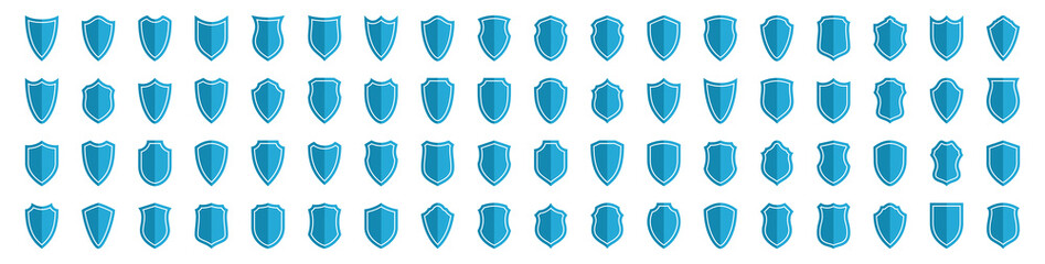Set of flat silhouette icons of protective shields. Knightly military shield insignia of different shapes. Vector elements. - obrazy, fototapety, plakaty