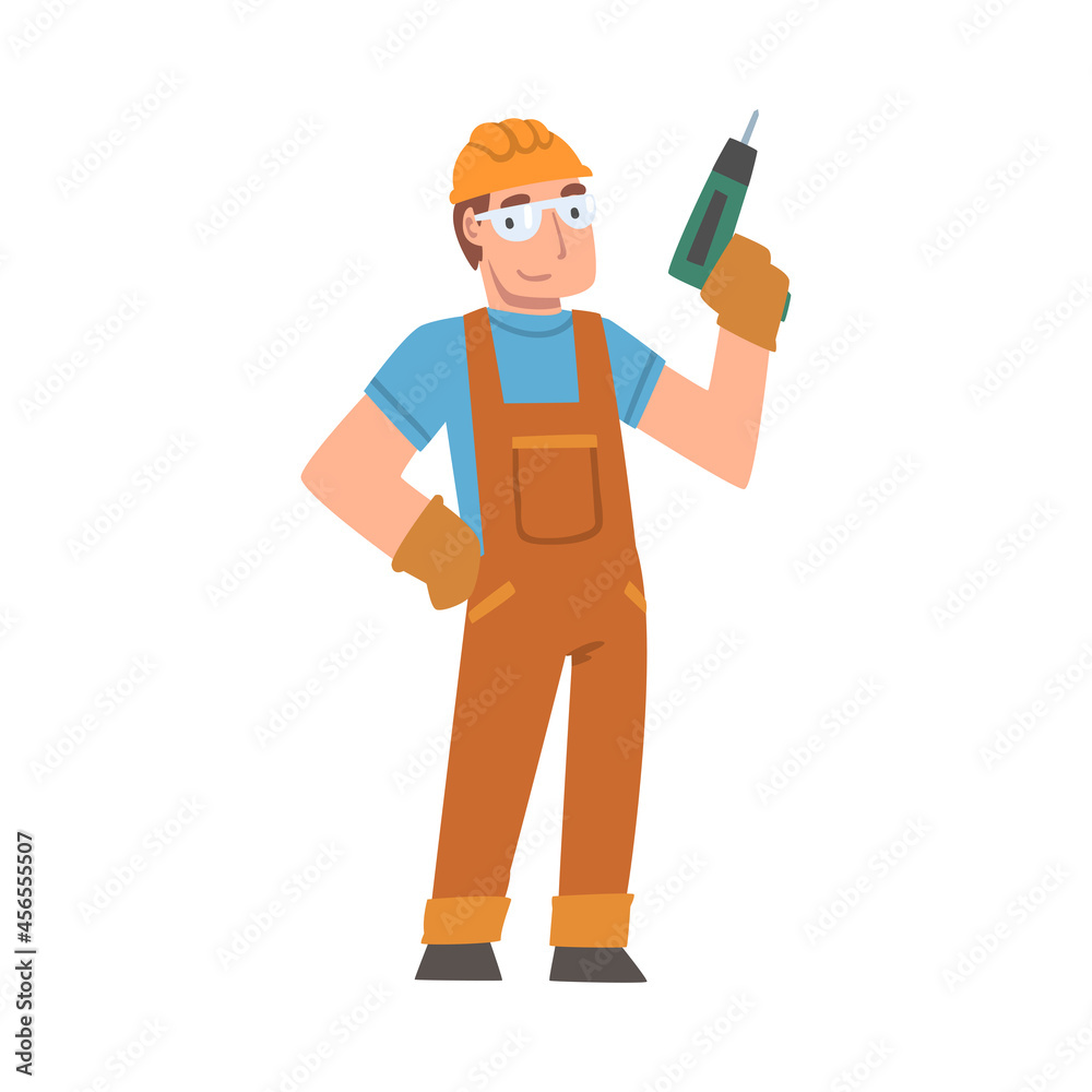 Sticker Handyman or Fixer as Skilled Man in Overall with Drill Engaged in Home Repair Work Vector Illustration